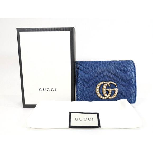 Authentic Gucci Denim Bifold Wallet GG Marmont W/Box and Dust Bag - Picture 1 of 8
